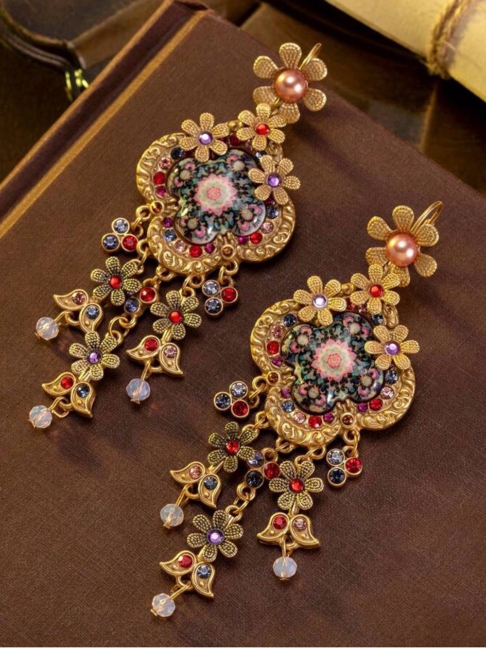 Gold-Tone Multicolor Floral Dangle Earrings